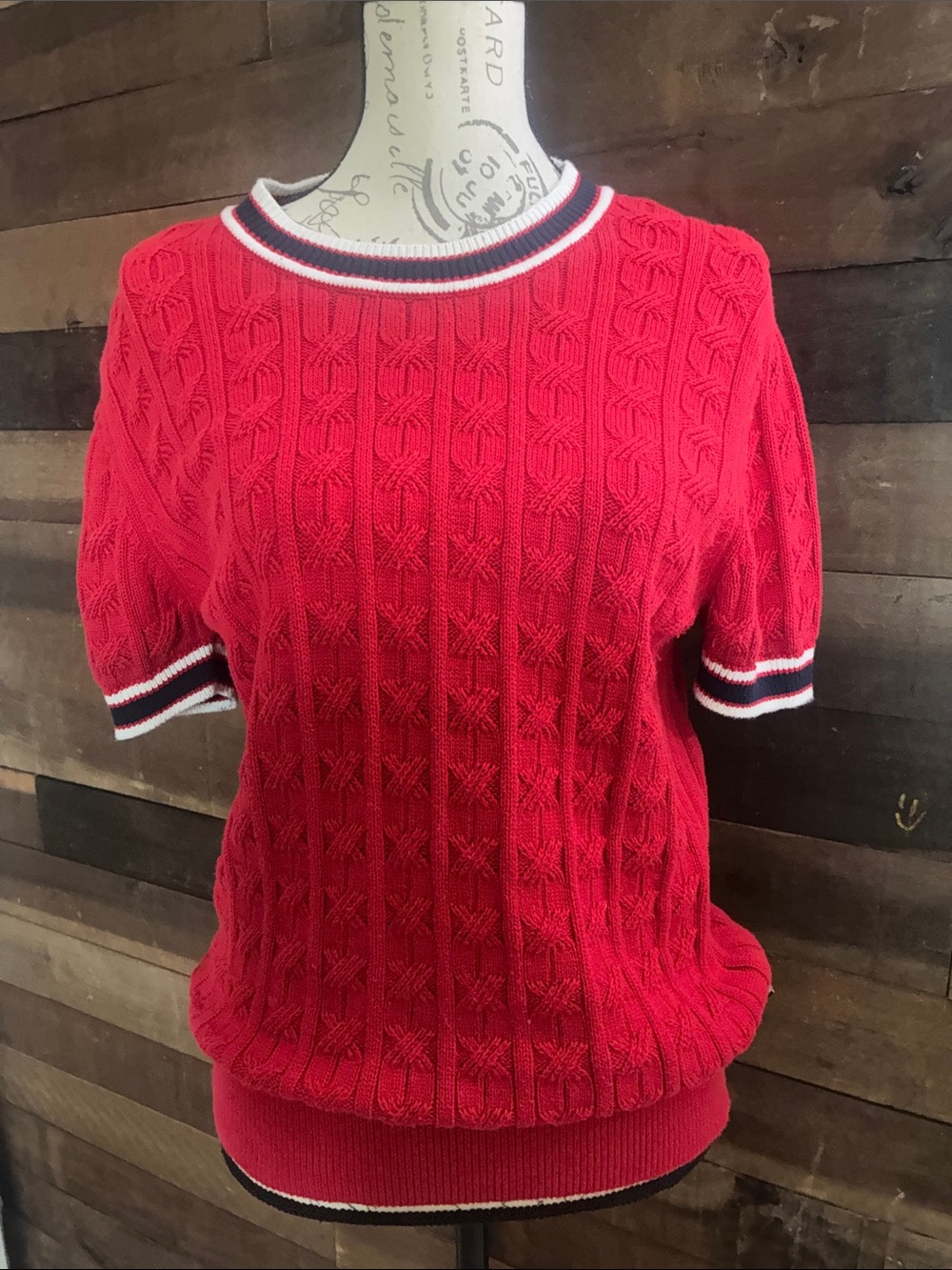 Tommy Hilfiger Red Cable Knit Short-Sleeve Sweater with Stripe Trim